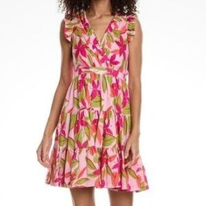 Taylor Lawn Mini Dress Pink Floral Tiered Flutter Sleeve Size XS